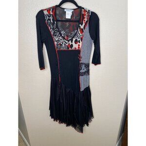 Dzhaavel‎ Couture Black Patchwork Dress L Sheer Mesh Details 3/4 Sleeves